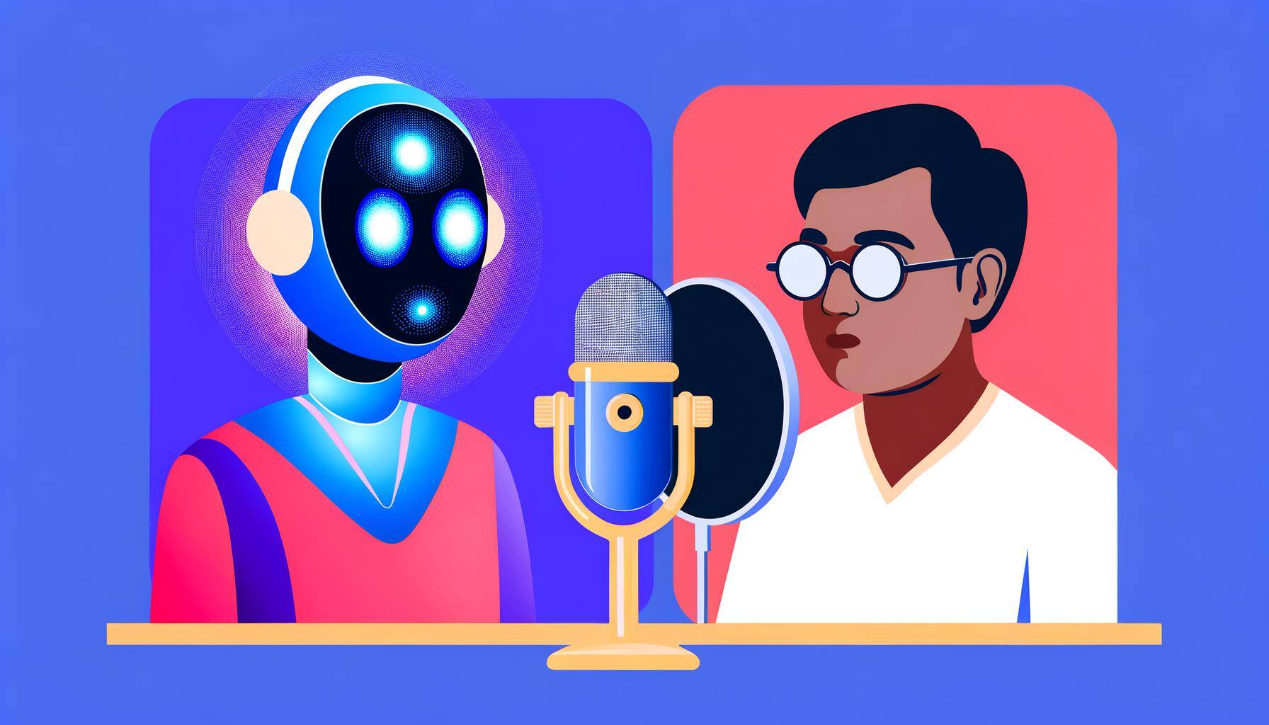 An AI Virtual Assistant recording their voice next to a illustrated real person wearing glasses recording their voice-1