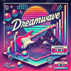 DALL·E 2024-07-23 15.35.07 - Album cover for Dreamwave_ A vibrant and dynamic design with 80s and New Wave influences. The background features neon colors, geometric shapes, and