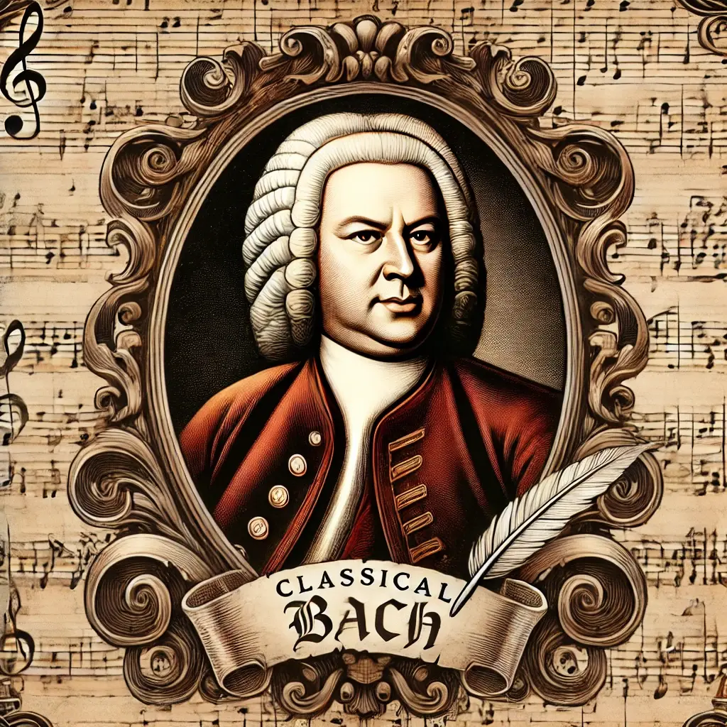 DALL·E 2024-07-23 15.36.57 - Album cover for a music store featuring a classical theme with Johann Sebastian Bach. The background is an elegant, vintage sheet music scroll with in