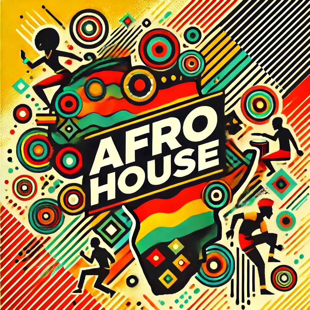 DALL·E 2024-07-23 15.44.23 - A vibrant album cover for Afro House music. The design features dynamic patterns and bright colors, including red, yellow, and green. Traditional Afri