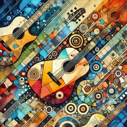 DALL·E 2024-07-23 15.44.35 - An album cover for Indie Guitar Mosaics featuring an artistic collage of guitar fragments, abstract shapes, and vibrant colors. The background shoul