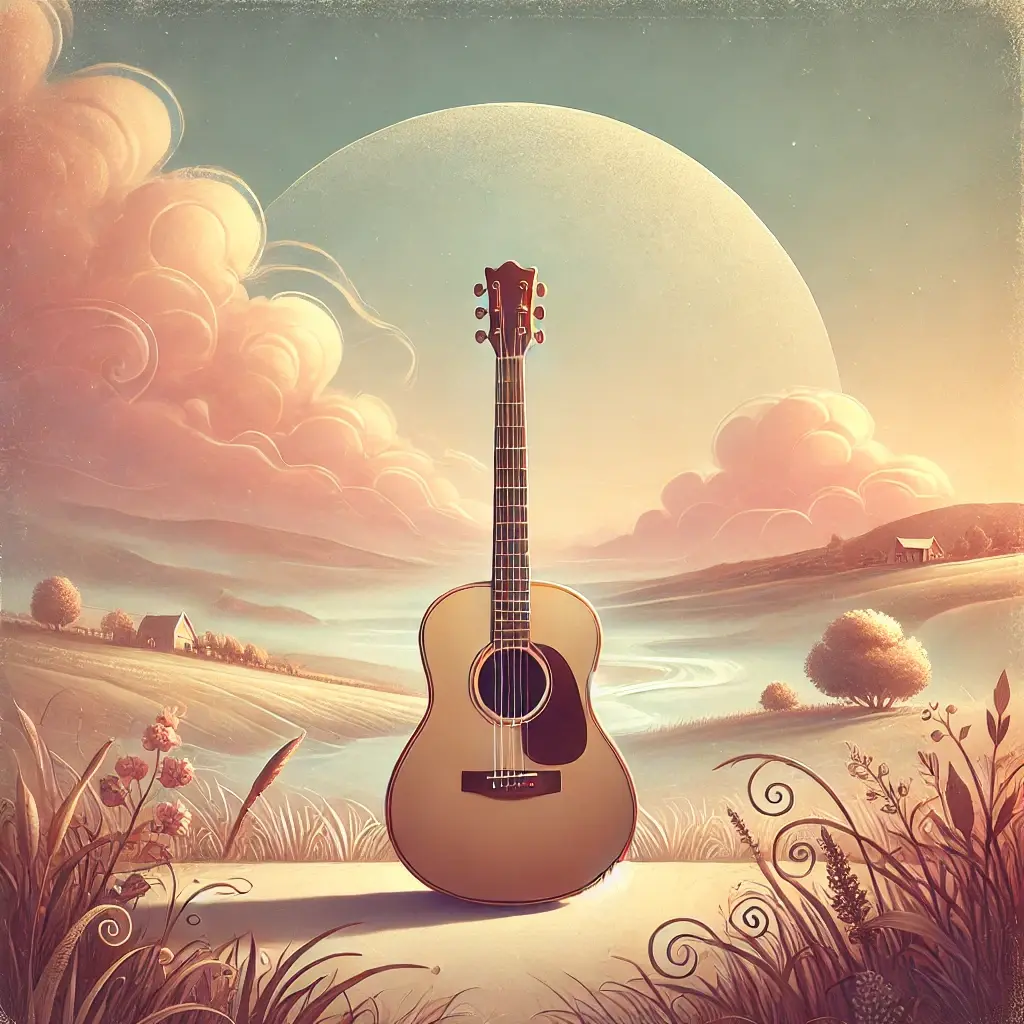 DALL·E 2024-07-23 15.44.42 - An album cover for Sentimental Guitar featuring a serene, dreamy landscape with a guitar gently placed in the foreground. The background should have