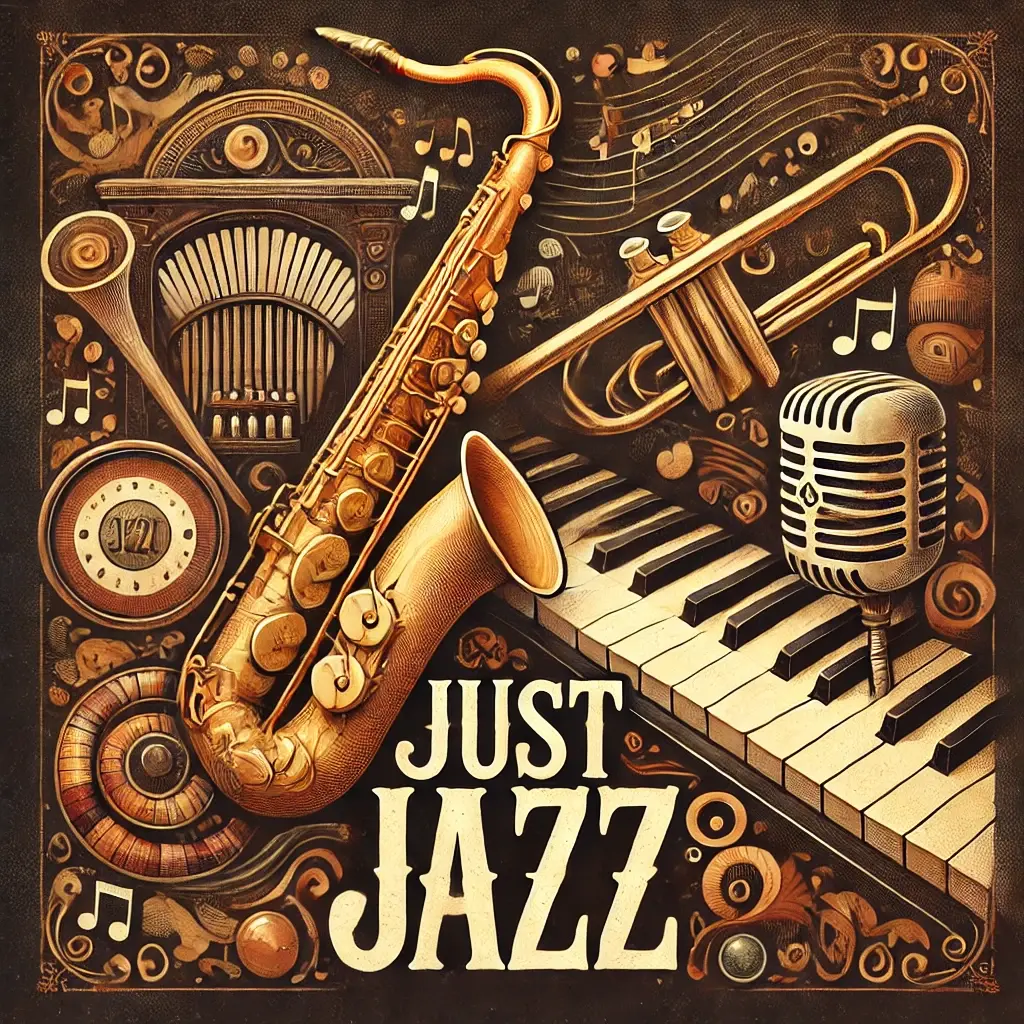 DALL·E 2024-07-23 15.44.47 - An album cover for Just Jazz featuring classic jazz elements like a saxophone, piano, and musical notes. The background should have an elegant and s