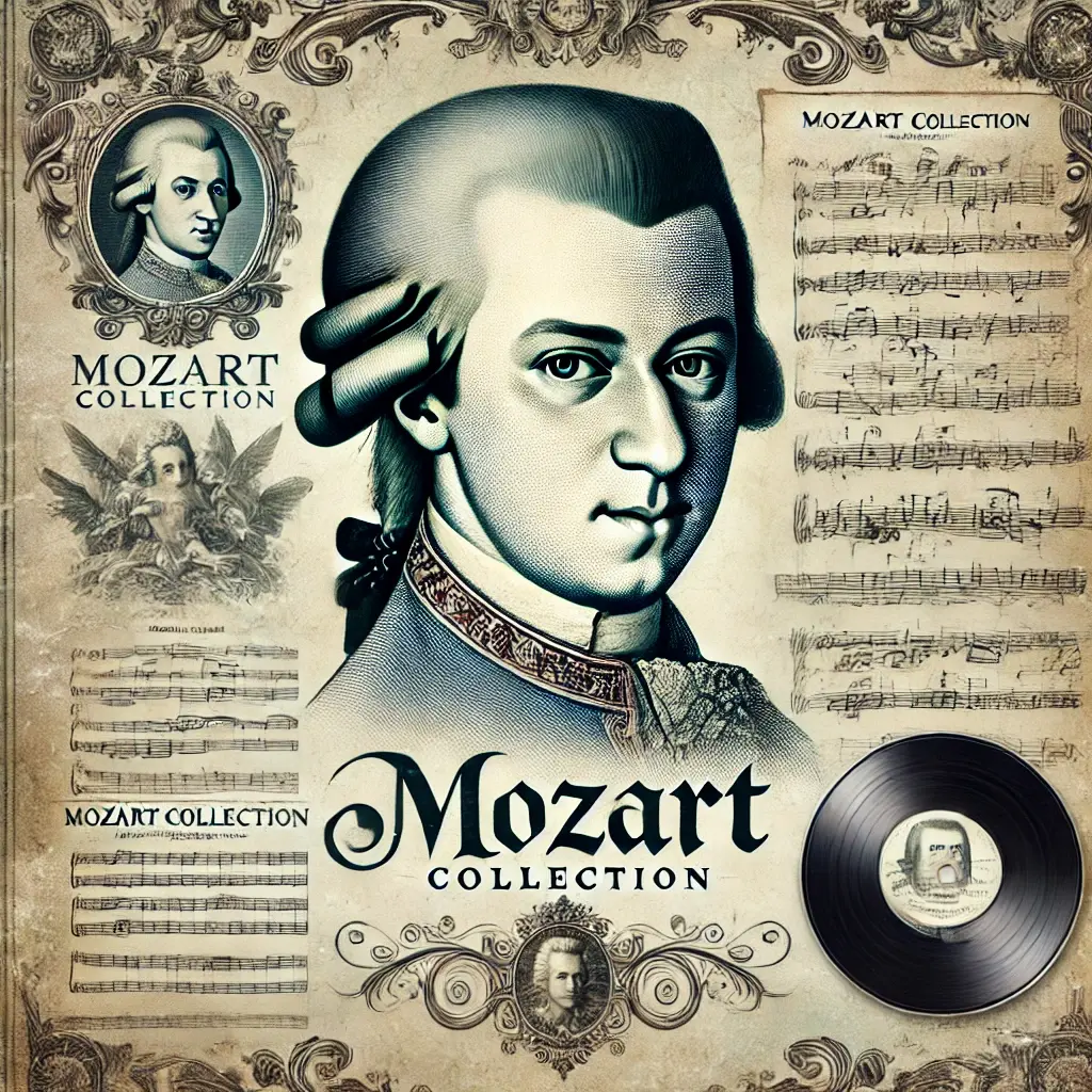 DALL·E 2024-07-23 15.44.48 - An album cover for Mozart Collection featuring a classical, elegant design with Mozarts portrait, musical notes, and vintage sheet music. The backg