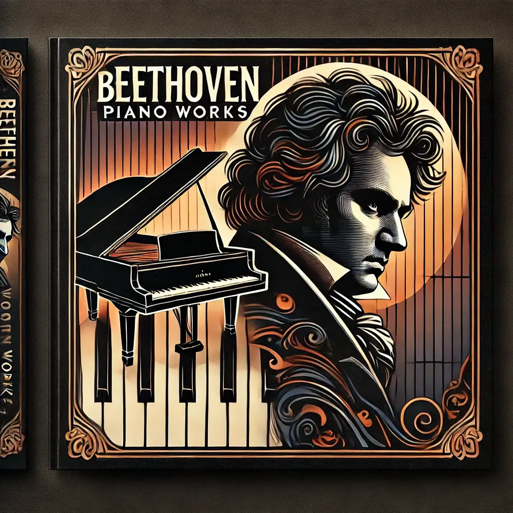 DALL·E 2024-07-23 15.44.50 - An album cover for Beethoven Piano Works featuring a grand piano with Beethovens silhouette or portrait in the background. The design should be cla