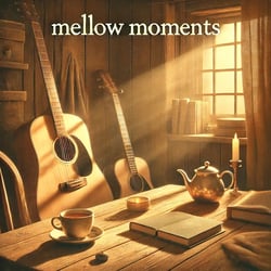 DALL·E 2024-09-11 11.49.52 - An album cover for Mellow Moments. The design focuses on an acoustic, folk-inspired aesthetic, featuring warm wooden textures, a softly lit room wit