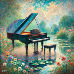 DALL·E 2024-09-11 11.55.10 - An album cover for Debussy Piano Works inspired by the style of a Monet painting. A grand piano is set in an impressionistic landscape with soft, bl