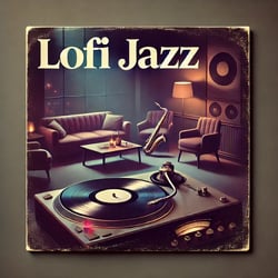 DALL·E 2024-09-11 12.11.11 - An album cover for Lofi Jazz using rich, muted tones such as deep blues, purples, and soft browns. The design showcases a cozy lounge with soft ligh