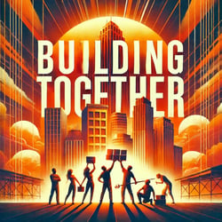 DALL·E 2024-09-11 12.11.15 - An album cover for Building Together featuring a vibrant, warm color palette. Strong oranges, reds, and golds dominate the design, symbolizing energ