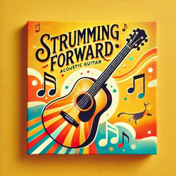 DALL·E 2024-10-10 14.47.59 - A bright and cheerful album cover titled Strumming Forward. The design features a vibrant background with warm, sunny colors like yellow and orange,